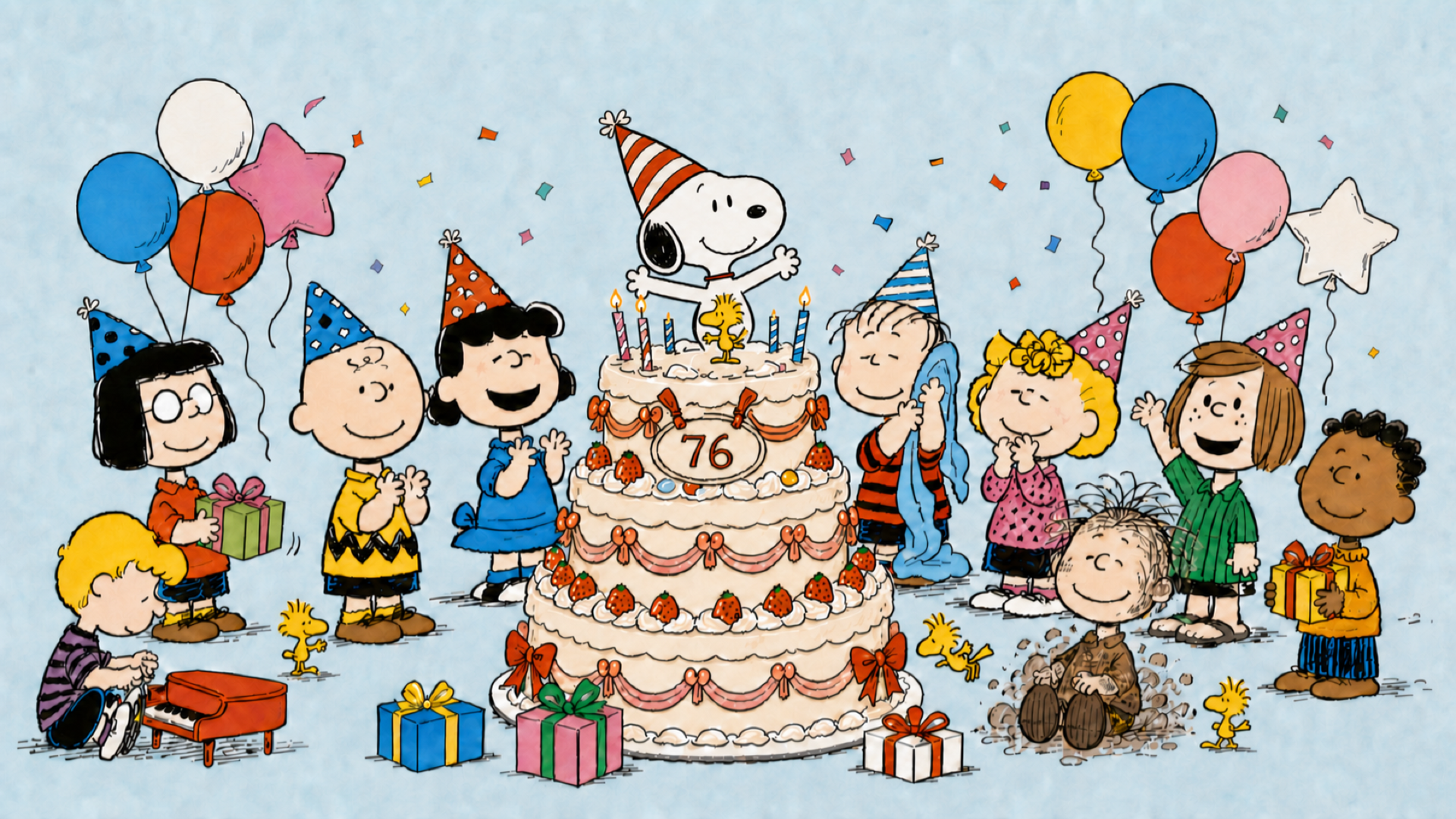 Snoopy stands above a grand birthday cake while the Peanuts friends celebrate around him