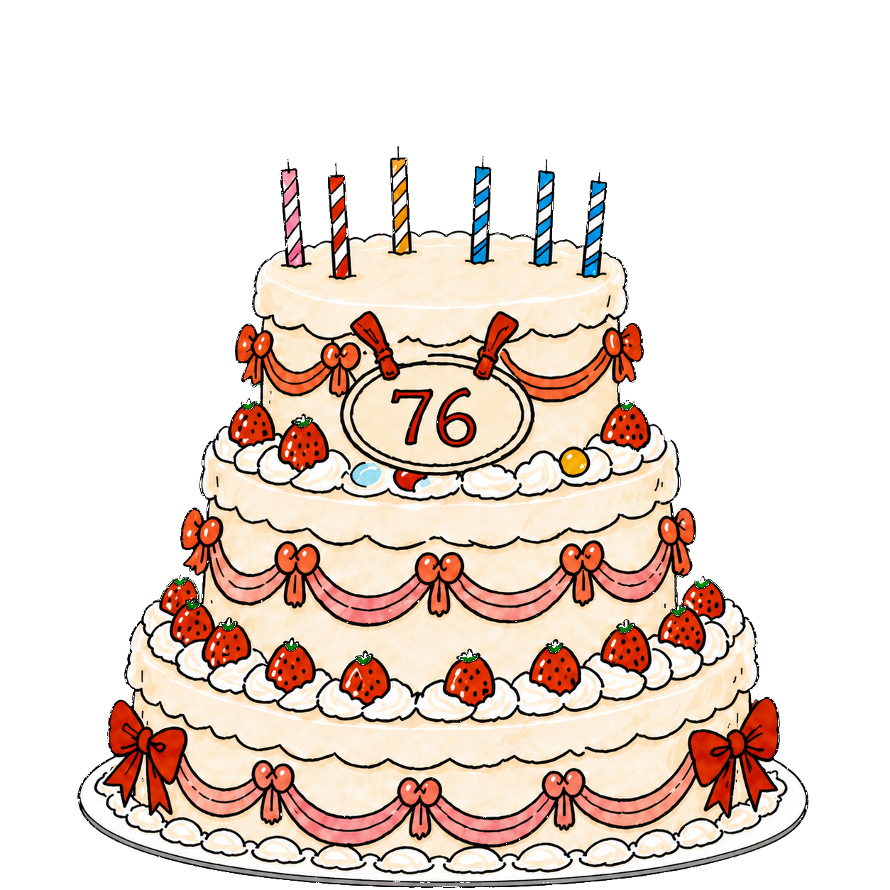 Three-tier 76th birthday cake with six candles